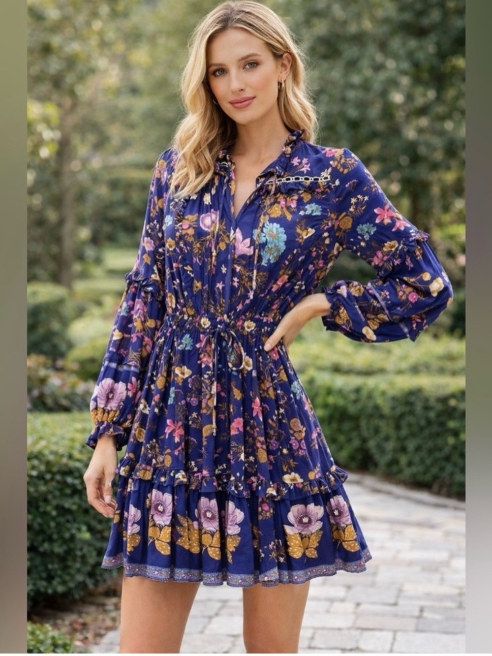 Floral Tiered Long-Sleeve Mini Dress in Navy